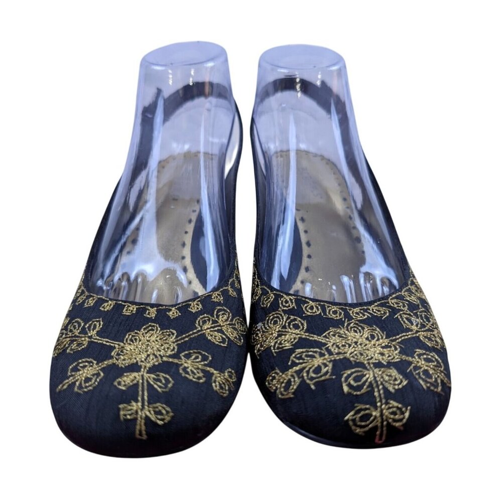 BCBGirls Vodimal-RS Black/Gold Raw Silk Womens 10 M Slingback Buckle Wedge Shoes